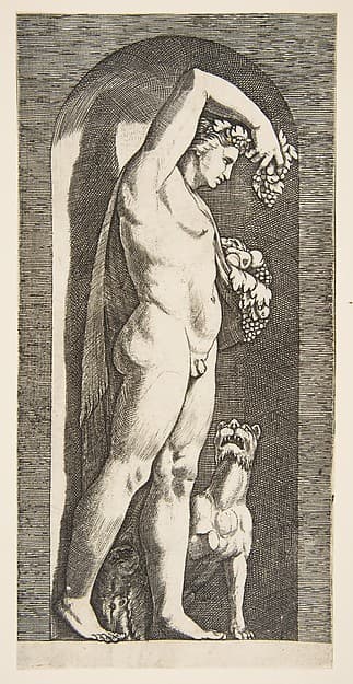 Bacchus standing in a niche holding grapes in his raised right hand, fruit in his left hand, a dog lower right