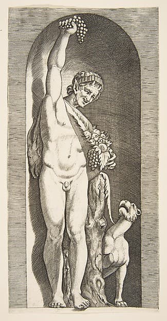 A faun standing in a niche holding aloft a bunch of grapes with his right hand and fruit with his left hand, a dog lower right