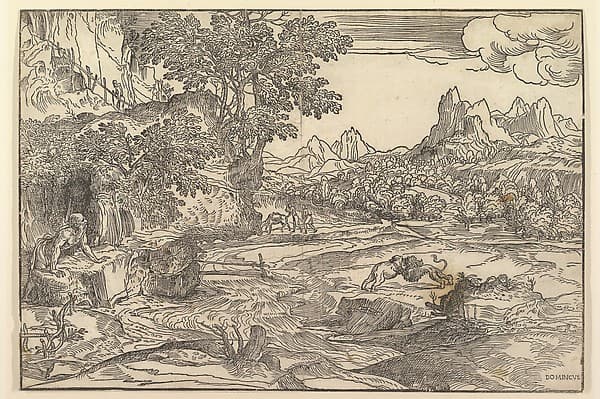 Landscape with Saint Jerome at left looking towards lion and bear fighting at center; two figures with mule in the background