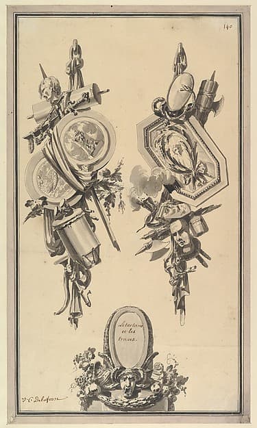 Two Designs for Trophies and a Cartouche