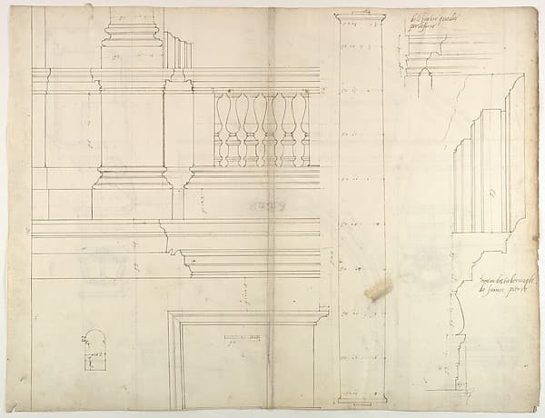 St. Peter's, exterior, tabernacle, elevation and section at base with details of pedestal and railing, (recto)St. Peter's, exterior, tabernacle, elevation and section at arched opening (verso)