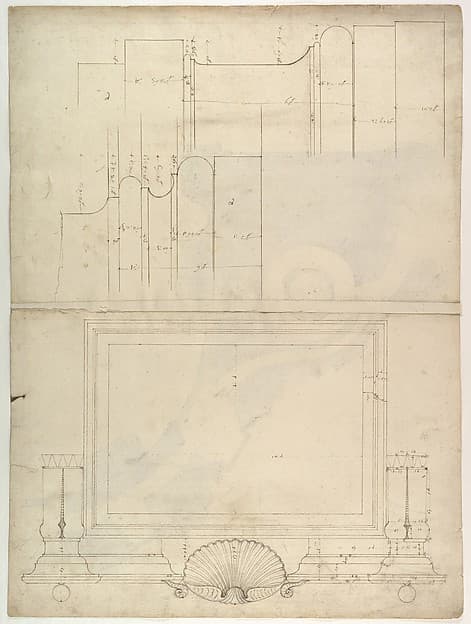 St. Peter's, attic, window, elevation (recto) St. Peter's, apse, plan; window, cornice, elevation profile; arch frame, elevation profile (verso)