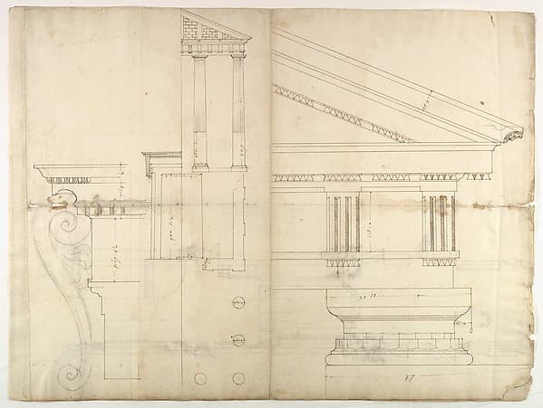 Temple of Hercules, Cori, plan, elevation; portal, details; Doric order, details (recto) St. Peter's, drum, section (verso)