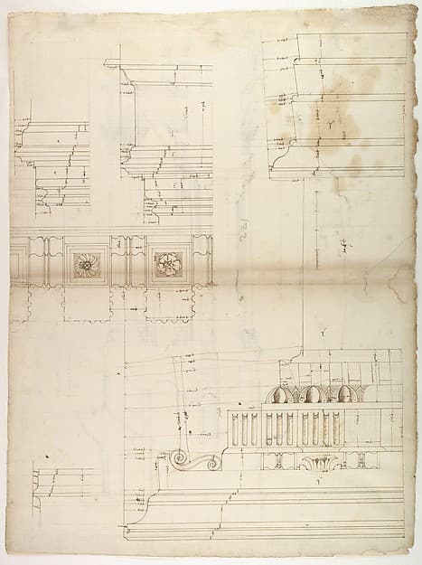 St Peter's, entablature profile; reflected ceiling details of the cornice, and profiles of column bases and pedestals (recto)St. Peter's, section through drum of model and entablature of upper story (verso)