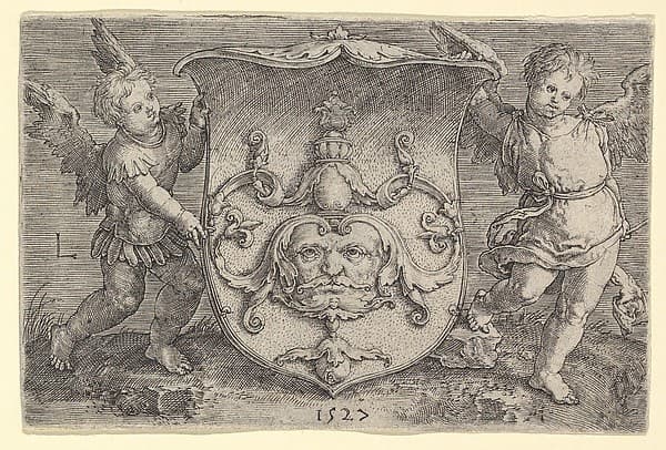 Coat of Arms with a Mask, Held by Two Genii