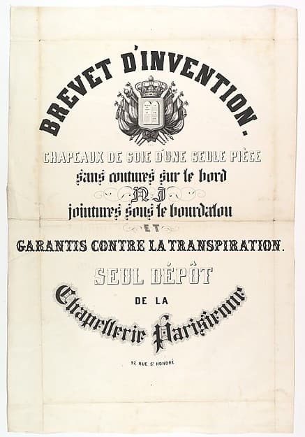 Brevet d'Invention. Chapeaux de soie d'une seule pièce...