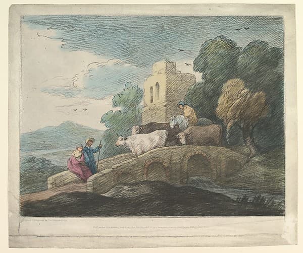 Wooded Landscape with Herdsmen Driving Cattle over a Bridge, Rustic Lovers and Ruined Castle