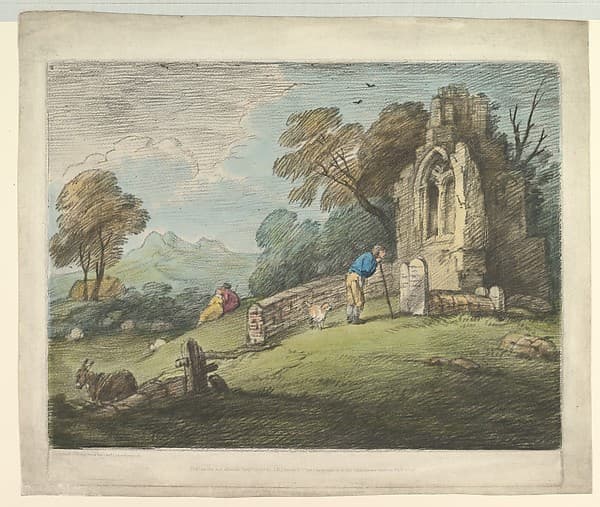 Wooded Landscape with Peasant Reading Tombstone, Rustic Lovers and Ruined Church