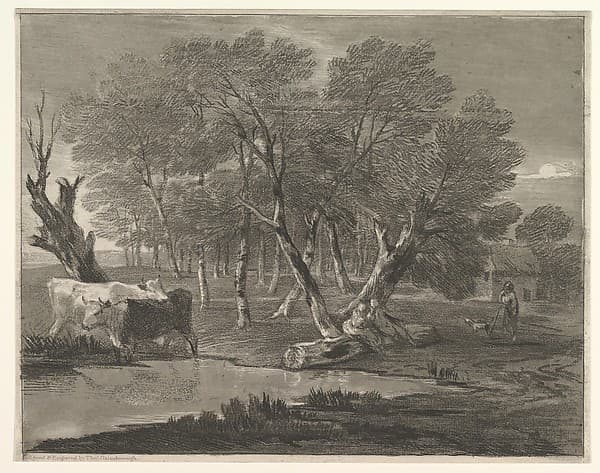 Wooded Landscape with Cows beside a Pool, Figures and Cottage