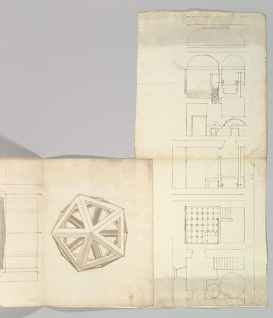Unidentified , orthographic study, plans and section (recto) Rhomicuboctahedron, skeletal, perspective; elevation, perspective projection (verso)