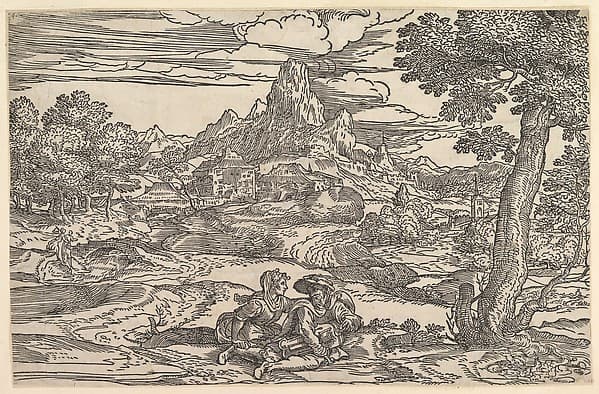 Landscape with a woman seated next to a man playing a hurdy-gurdy