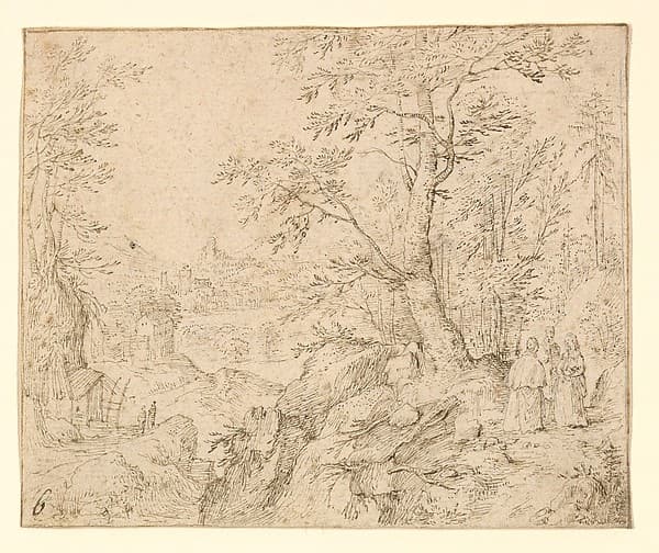 Rugged Wooded River Landscape with Travellers on a Road and a Town Beyond