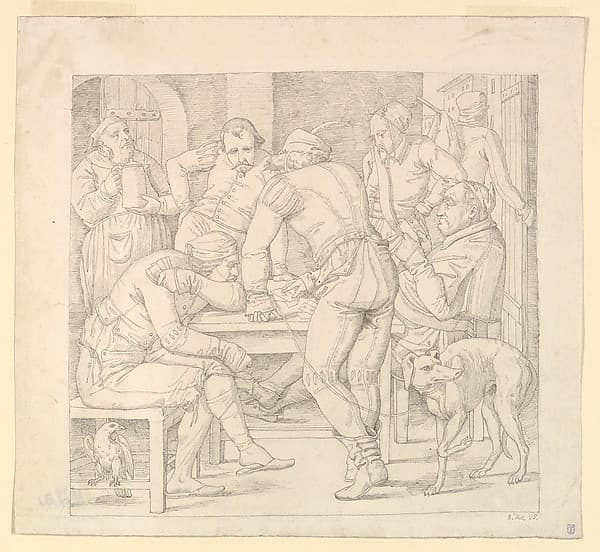 Five Men at a table in German Renaissance costume, playing cards in an inn