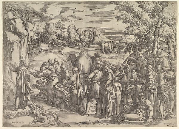 Moses Drawing Water from the Rock, at left with water flowing, various figures and animals waiting at right