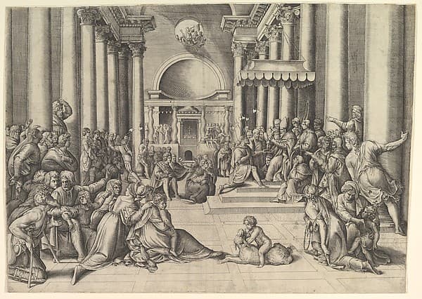 Constantine Presenting the City of Rome to the Holy See, at right, many spectators throughout, a child playing with a dog in the foreground