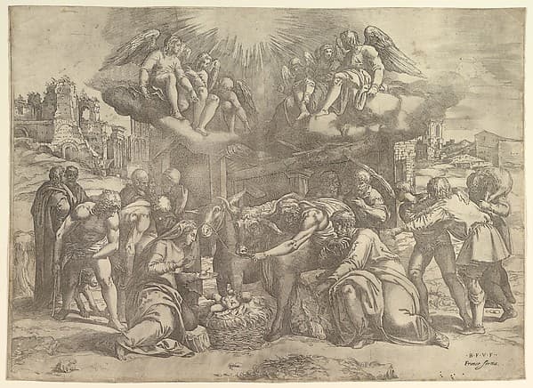 The Adoration of the Shepherds with angels overhead