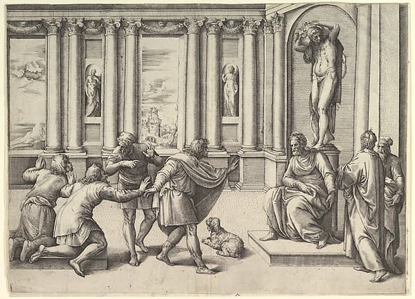 Man Seated Beneath a Statue of Bacchus, Receiving an Audience