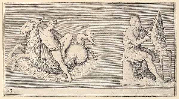 Figure on Seagoat; Man Carving Wing, from "Ex Antiquis Cameorum et Gemmae Delineata"