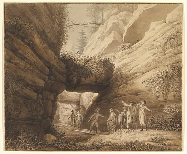 Travelers at the Rock Arch in the Limestone Mountains of the River Elbe