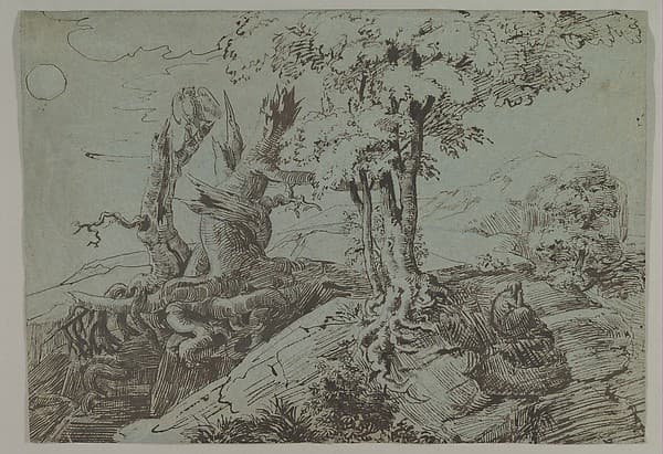 Rugged Moonlit Landscape with a Woman Seated by Gnarled Tree Roots, and an Owl