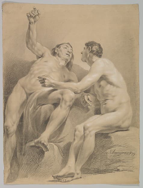 Two Male Nudes, One Seated and One Semi-reclining