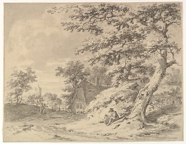A Forest Edge with Peasants and a Village in the Background; verso: Landscape Sketch