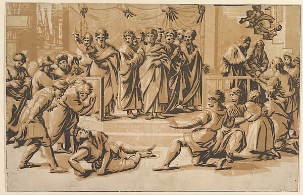 The death of Ananias, surrounded by Apostles