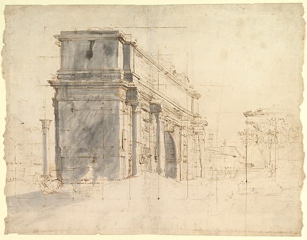 The Arch of Septimius Severus in the Roman Forum, with the Column of Phocas at the Left and the Temple of Saturn at the Right