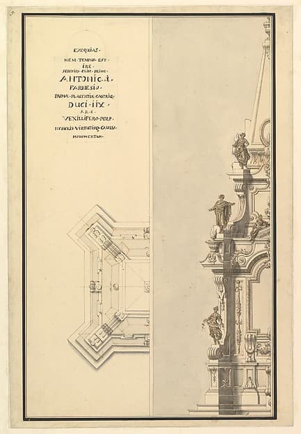 Half Elevation and Half Ground Plan for Catafalque for Antonio Farnese, Duke of Parma (d. 1731)