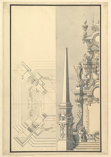 Half elevation and half ground plan for a catafalque for Margherite Louise d'Orleans, Granduchess of Tuscany (1645-1721)