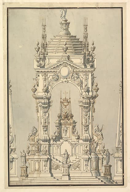 Elevation of a Catafalque with royal Crown and Order of the Golden Fleece, for a Duke of Lorraine, probably Leopold (d. 1729)