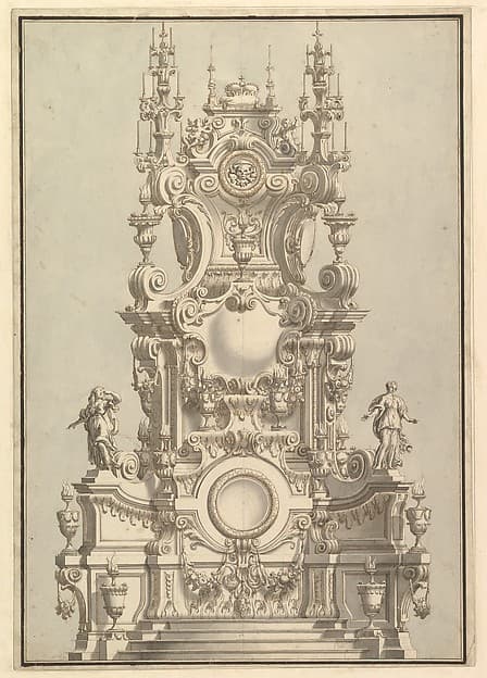 Elevation of a Catafalque, Surmounted by a Royal Crown, with Scull and Cross Bones in Wreath-Encircled Cartouche just below
