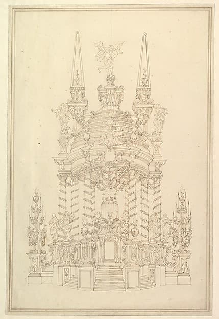 Elevation of a Catafalque: Wreathed Columns Supporting a Stepped Dome Surmounted by 2 Obelisks with Figure of Saturn between Them.