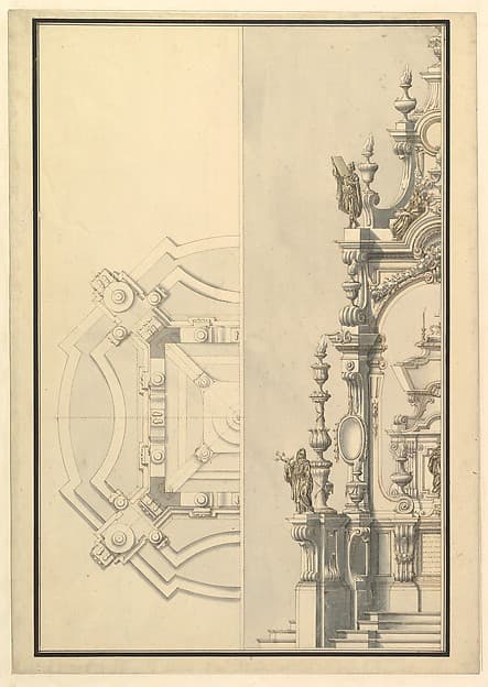 Half Ground Plan and Half Elevation for a Catafalque with Royal Crown Surmounting Casket