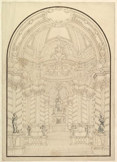 A Chapel with Figures of Statues en Grisaille of Faith, Hope and Charity and 4 Putti with Symbols of the Passion.