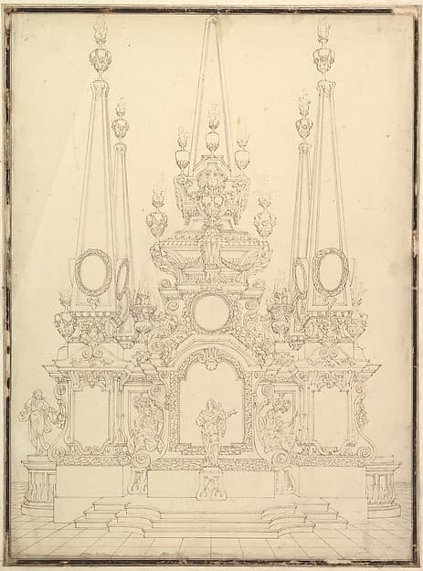 Elevation of a Catafalque: Four Large Obelisks at the Corners with Large one Surmounting the Top