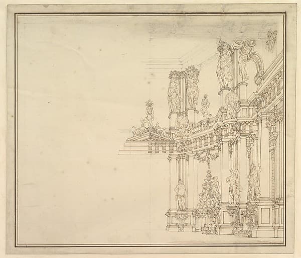 Design for a Stage Set: Palace Hall with Columns and Statues.