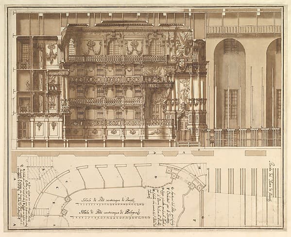 Designs for the Theater at Nancy: Longitudinal Section and Half Ground Plan