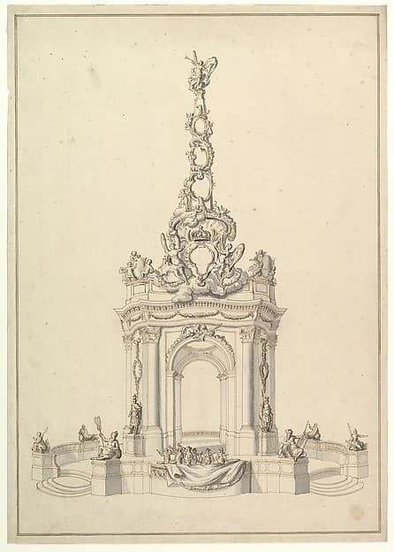 Design for a Festival Monument: Base Holds a Small Orchestra; Triumphal Arch Surmounted by a Cartouche-Decorated Pyramid with Figure of Fame, below, a Royal Crown.