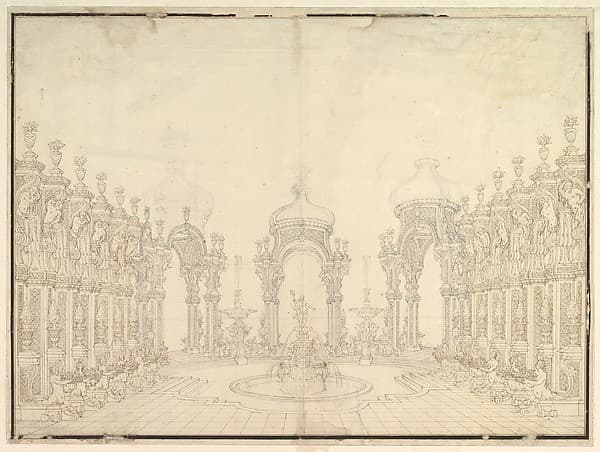 Designs for Stage Set: Three Pavillions in Background with "Oriental" (Ogival) Cupolas with Two Small Fountains between Them. in Foreground, a large Fountain with Dolphins Surmounted by Neptune.