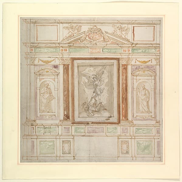 Architectural Design for a Monumental Altar, with a Composition with Saint Michael Against Satan and two Saints (Saints Peter and Paul?)