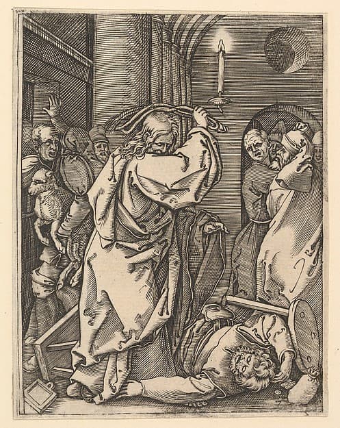 The Cleansing of the Temple; Christ driving the money-changers from the temple and raising a scourge over his left shoulder, as if to strike a man on the floor, after Dürer
