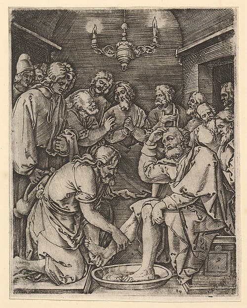 Christ kneeling and washing St Peter's feet, after Dürer