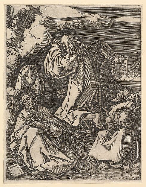 Christ praying on Mount of Olives; Roman soldiers entering through garden gate in far background, after Dürer