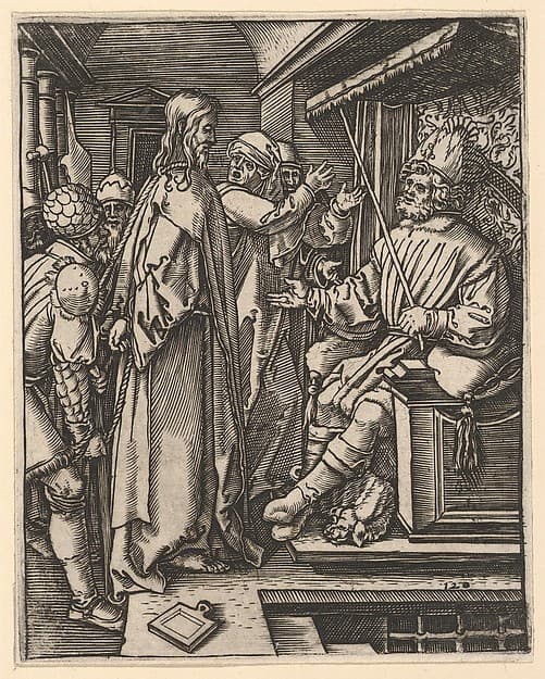 Christ standing, hands tied behind back, before Herod seated on throne, after Dürer