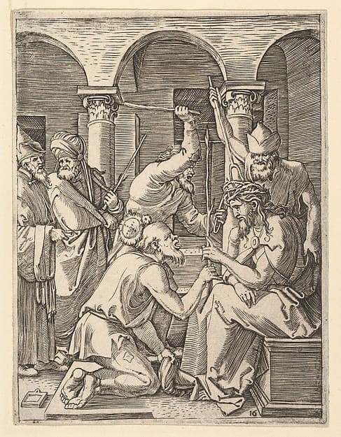 The Crown of Thorns; men putting crown of thorns on Christ who blesses kneeling man, after Dürer