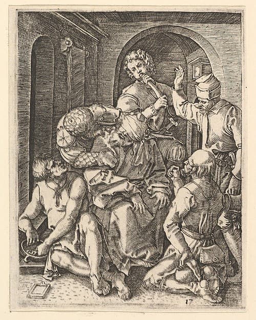 The mocking of Christ who is seated in center, blindfolded, after Dürer