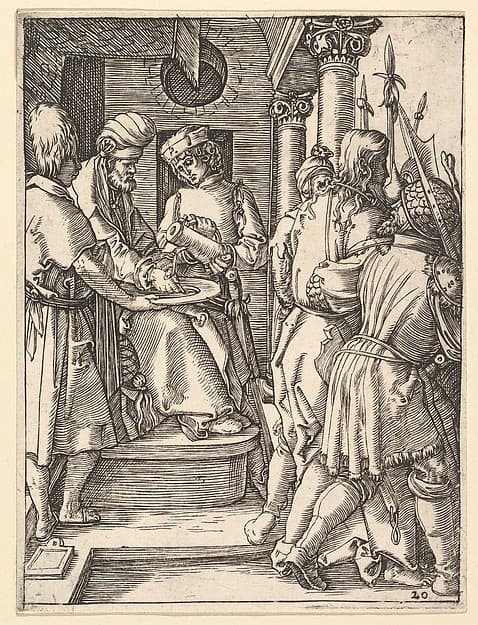 Pilate sitting on throne and washing hands while Christ is lead away by henchmen