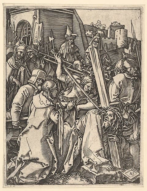 The Bearing of the Cross; Christ bearing the cross, supporting himself with one arm on the ground, after Dürer