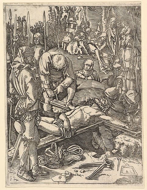 Two men nailing Christ to cross before onlookers, after Dürer